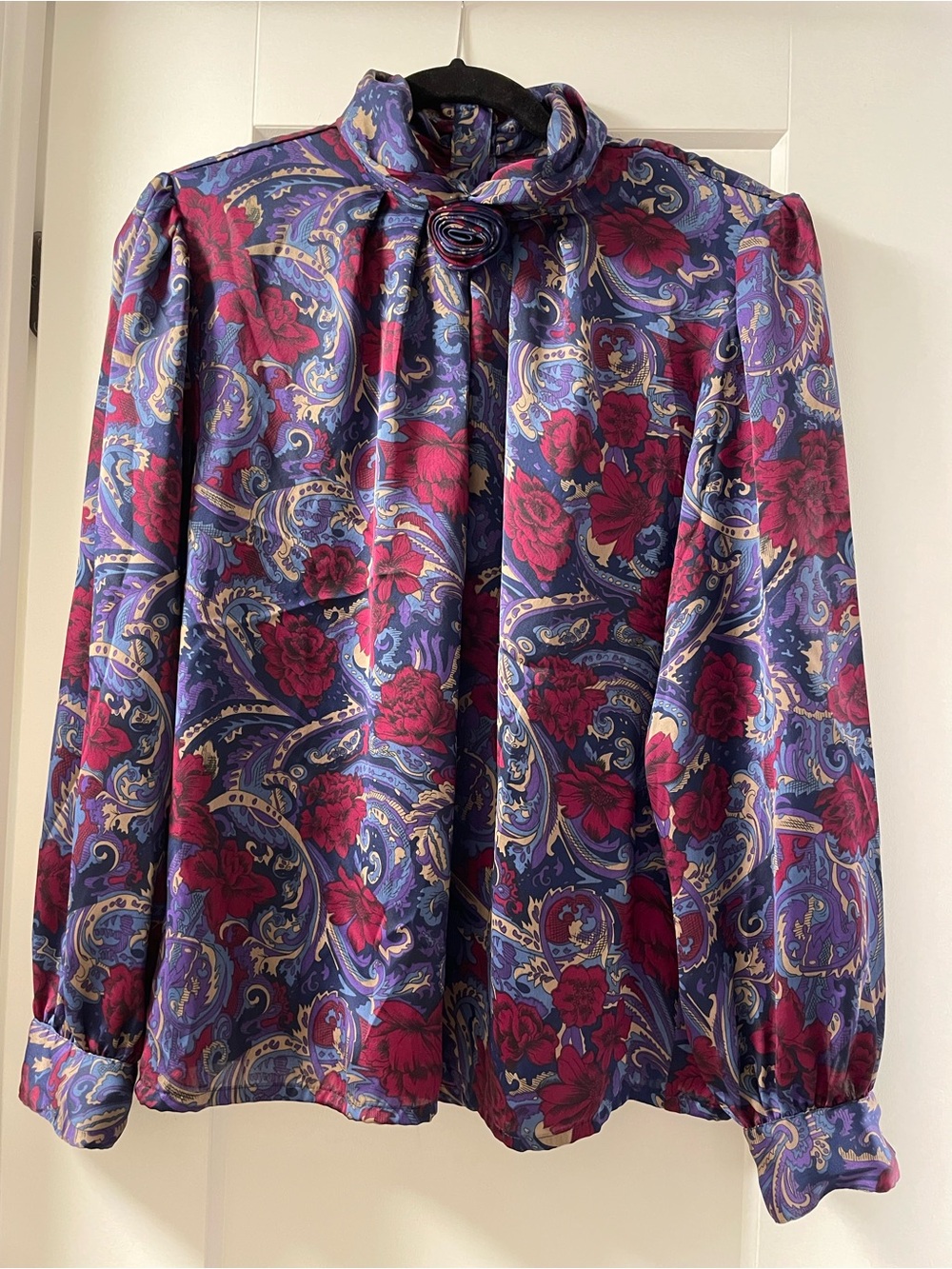 Women’s Floral Paisley Bow-Tie Blouse - Purple & Red